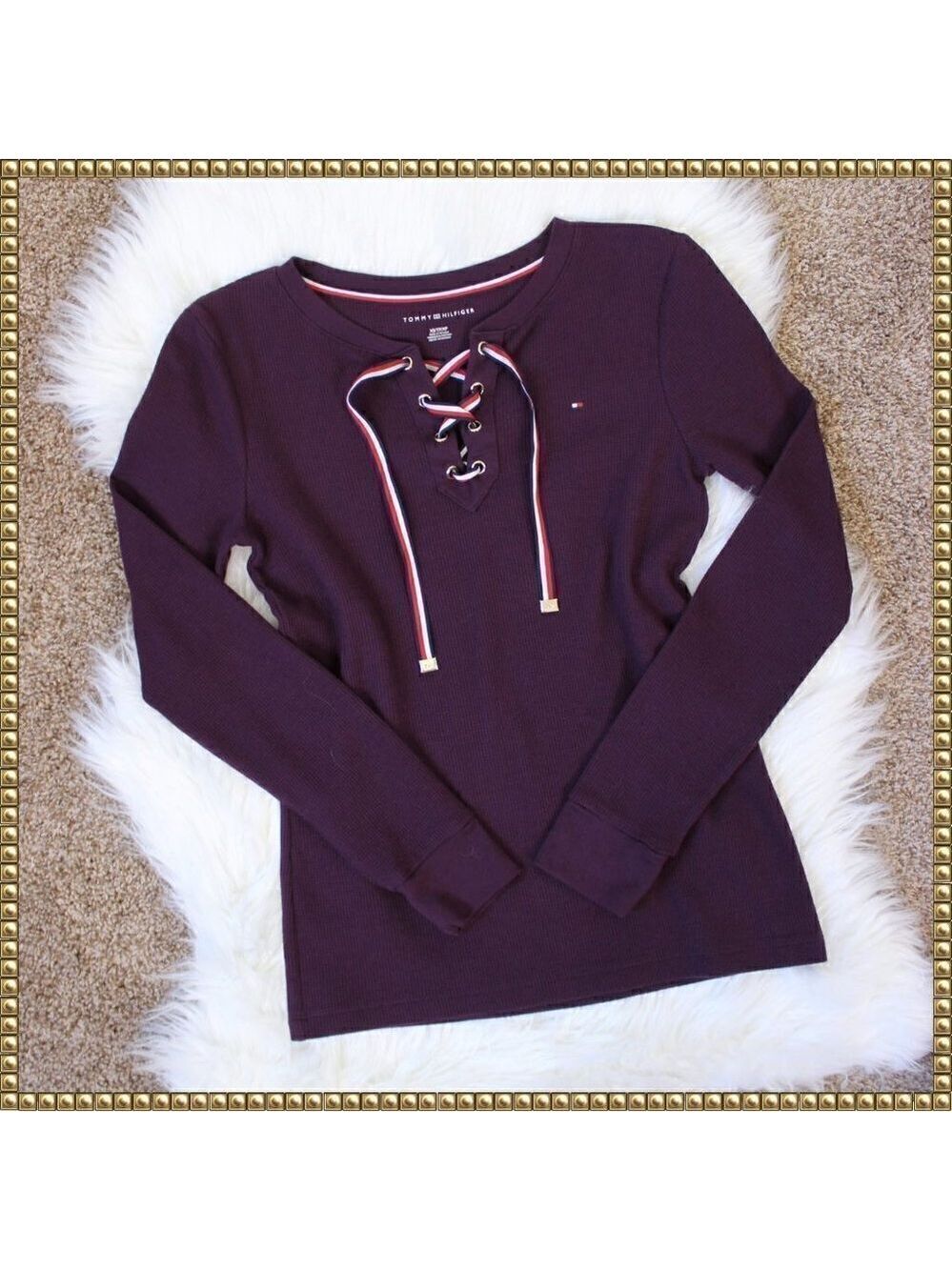 Tommy Hilfiger Purple Waffle Lace Up Henley Extra Small